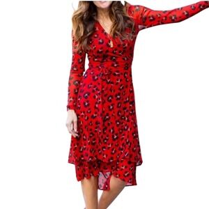 Cabi Siren Red Animal‎ Print Long Sleeve Wrap Dress Women's Size Small Cocktail